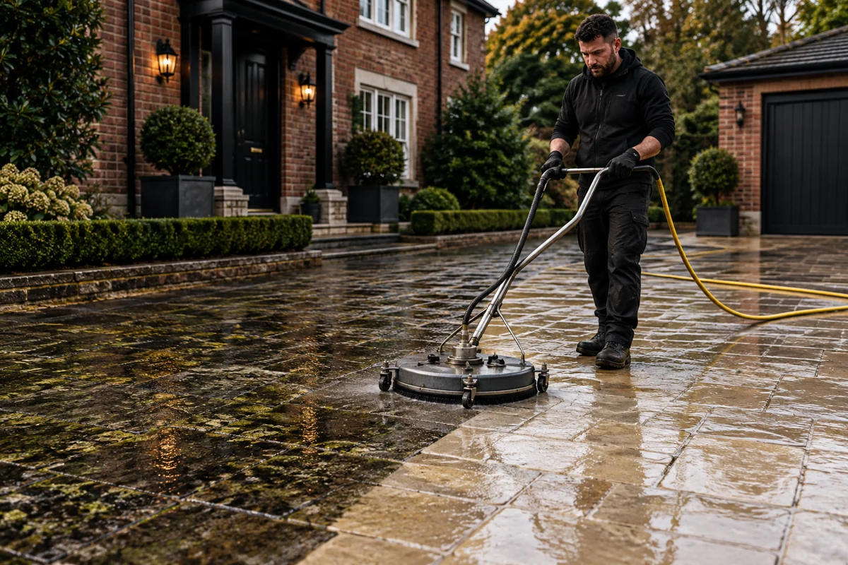 Exterior cleaning professional washing a driveway