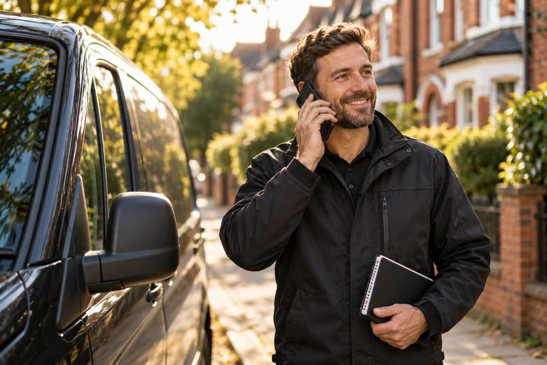 Illustrative tradesperson taking a customer call