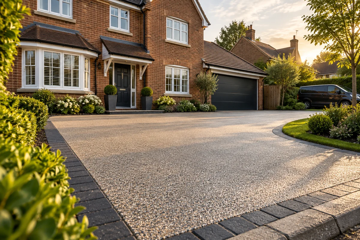 Resin driveway outside a British brick home