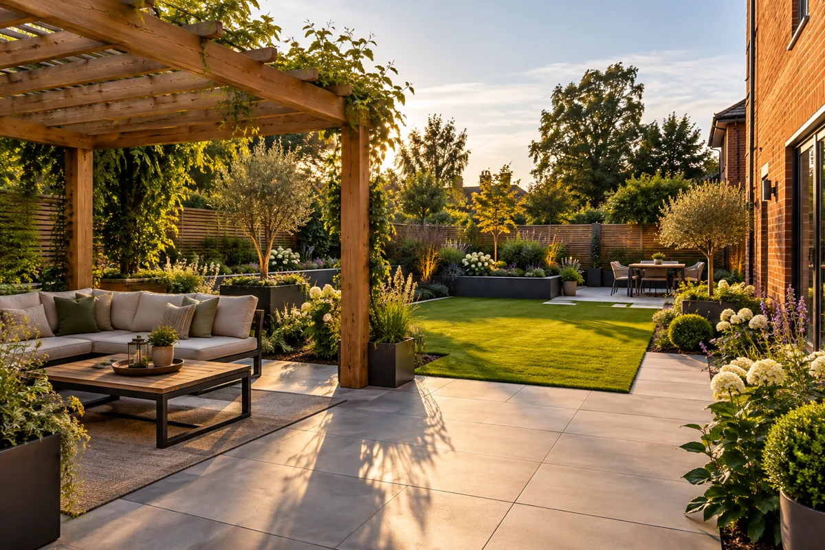 Landscaped garden with a patio and pergola